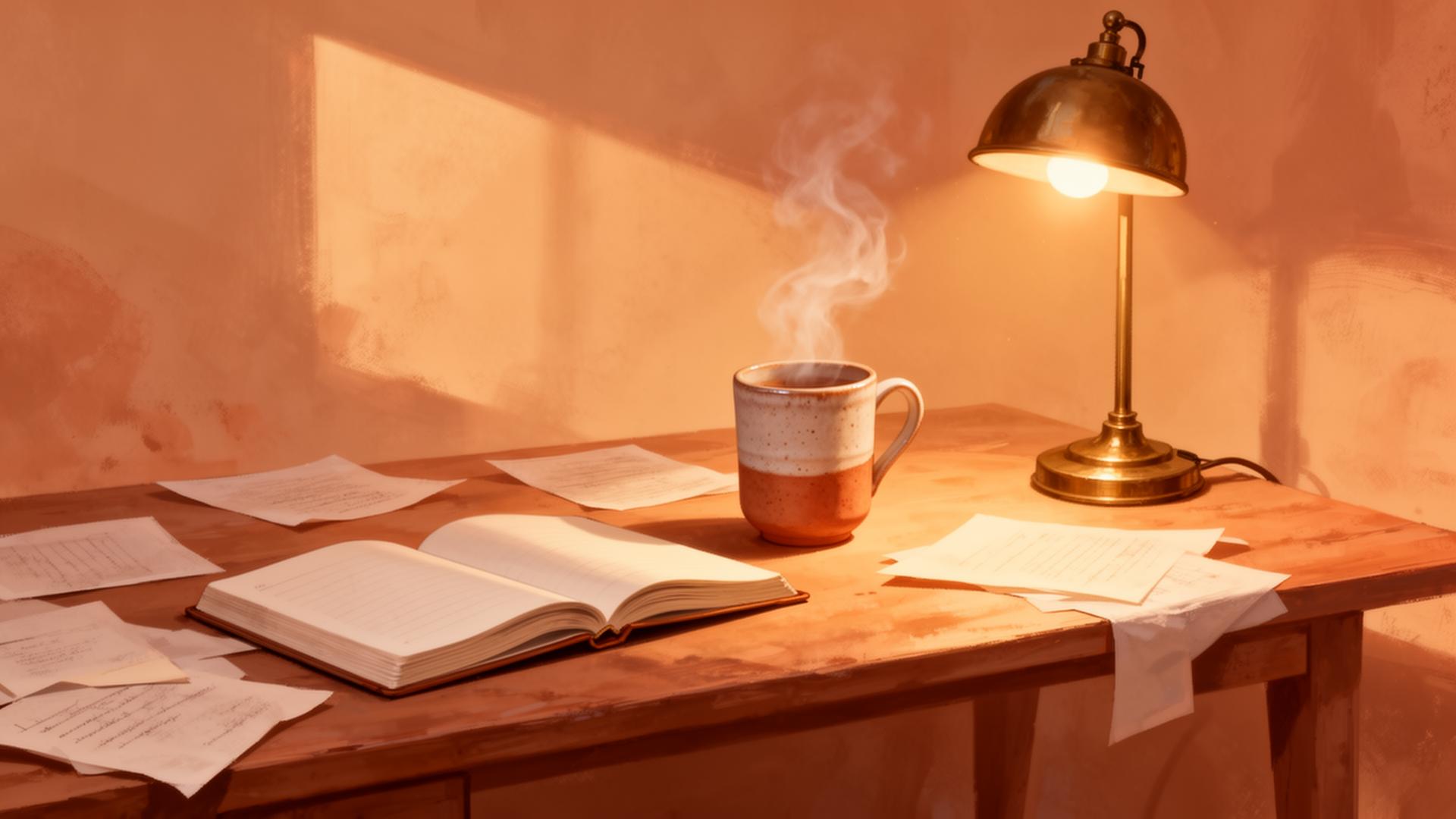 Warm minimalist workspace with notebook, ceramic mug, and brass lamp